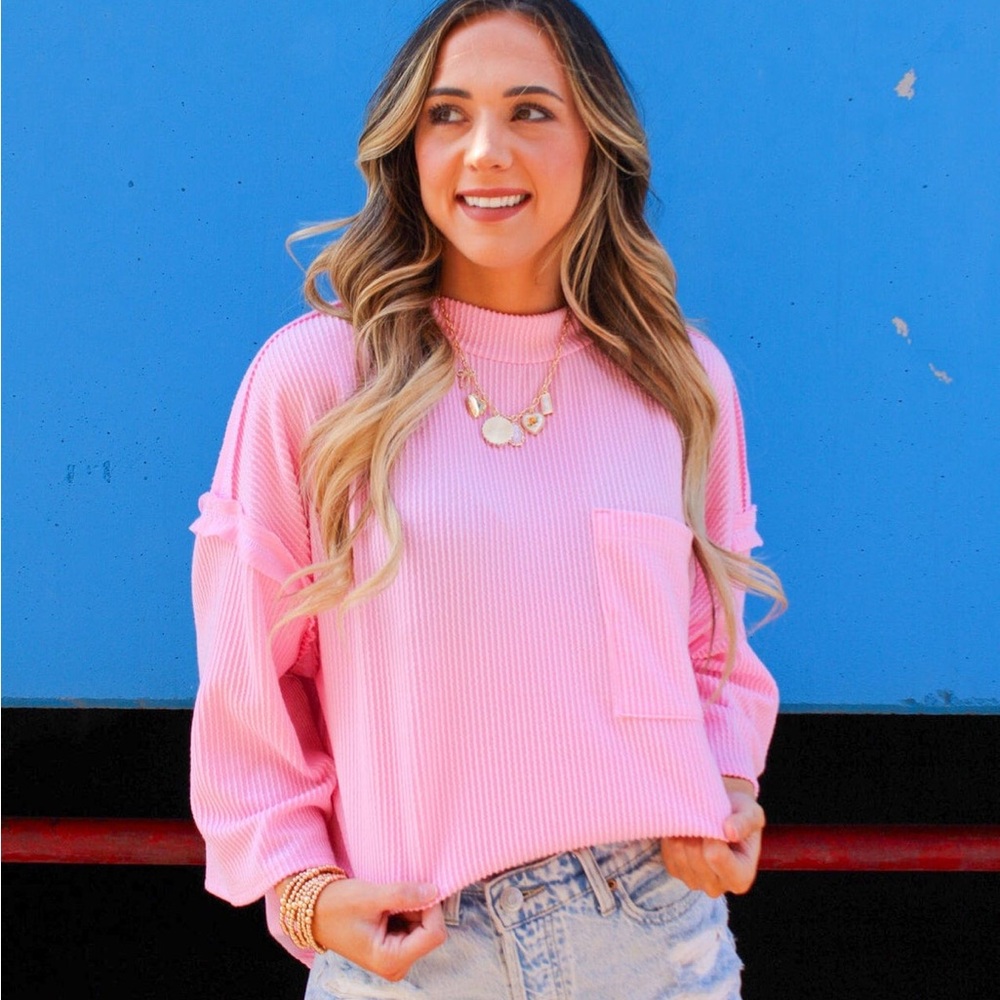 Women's Pink Ribbed Short Sleeve Tee with Pocket